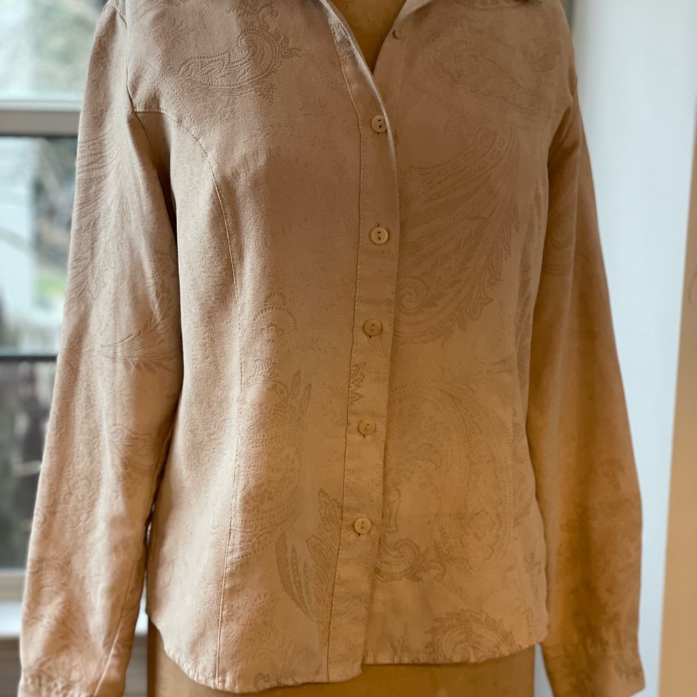 Tan Long Sleeve Button Down Blouse with Notched Collar